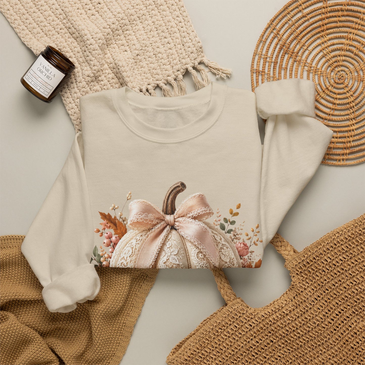 Fall Floral Pumpkin Crewneck Sweatshirt — Neutral Autumn Cozy Pullover