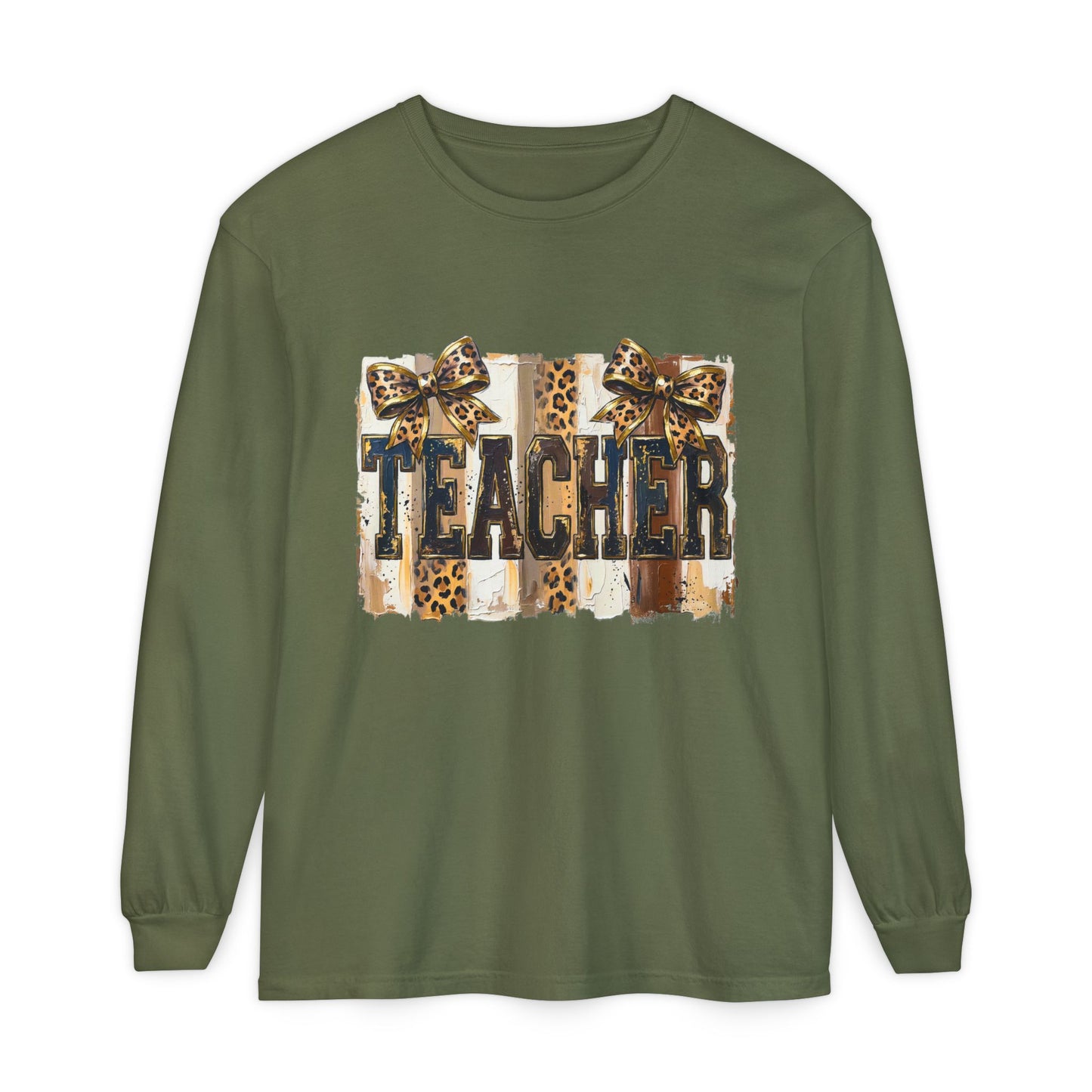 Teacher Leopard Print Long Sleeve Tee — Garment-Dyed Casual Shirt for Educators