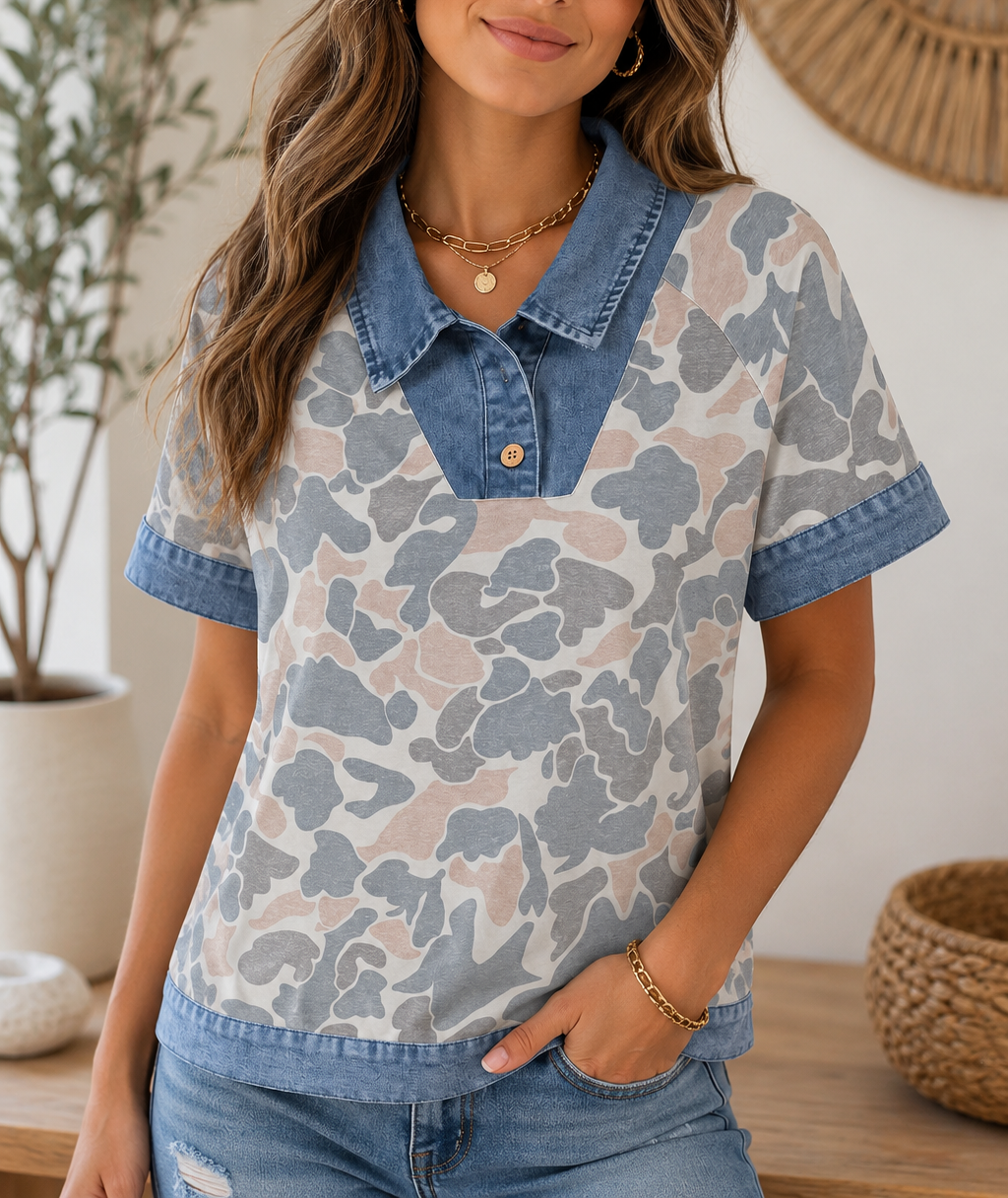Camo Denim Polo Top