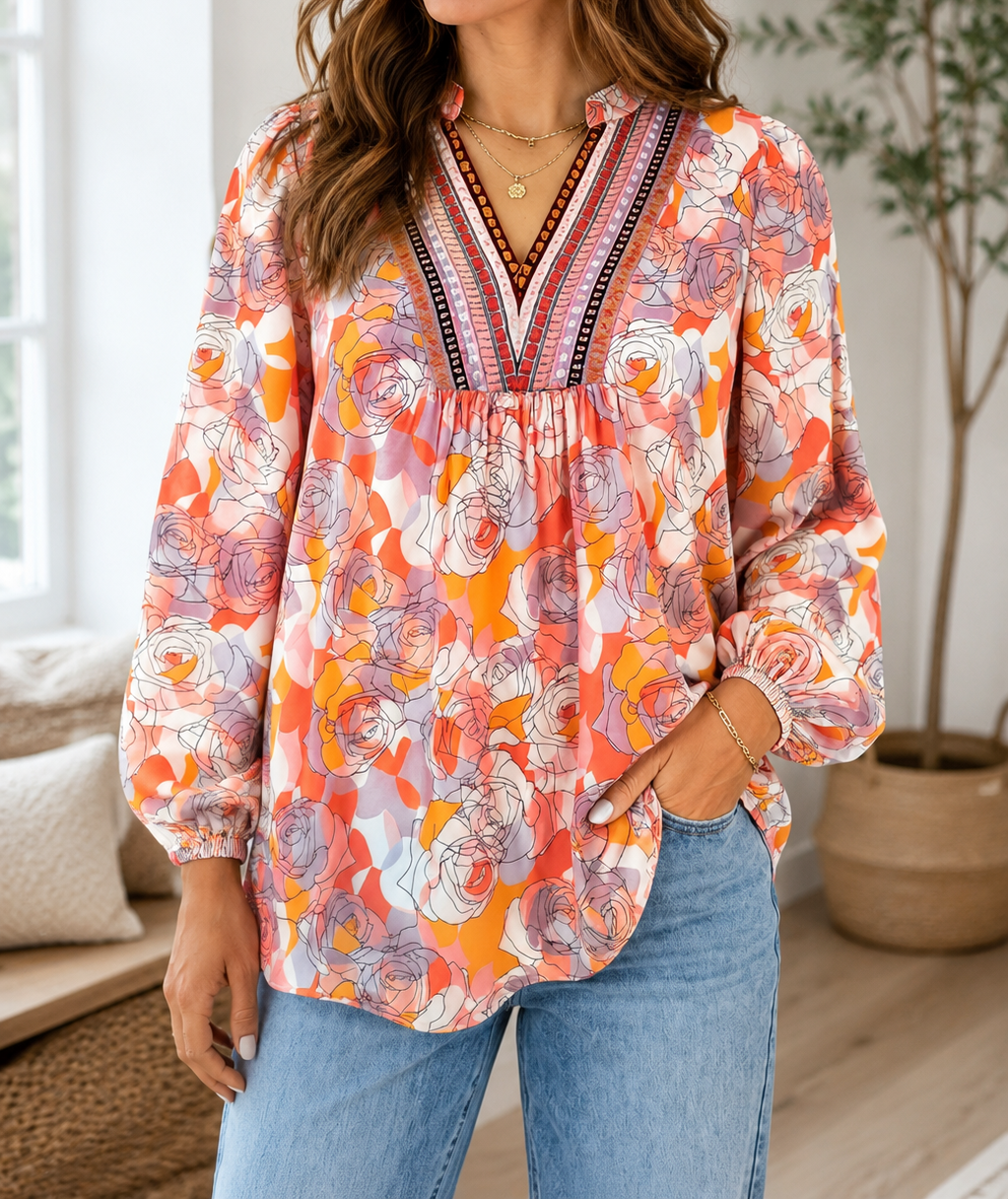 Pink Floral V Neck Blouse