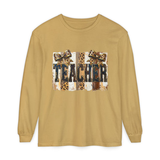 Teacher Leopard Print Long Sleeve Tee — Garment-Dyed Casual Shirt for Educators