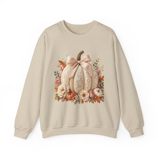 Fall Floral Pumpkin Crewneck Sweatshirt — Neutral Autumn Cozy Pullover