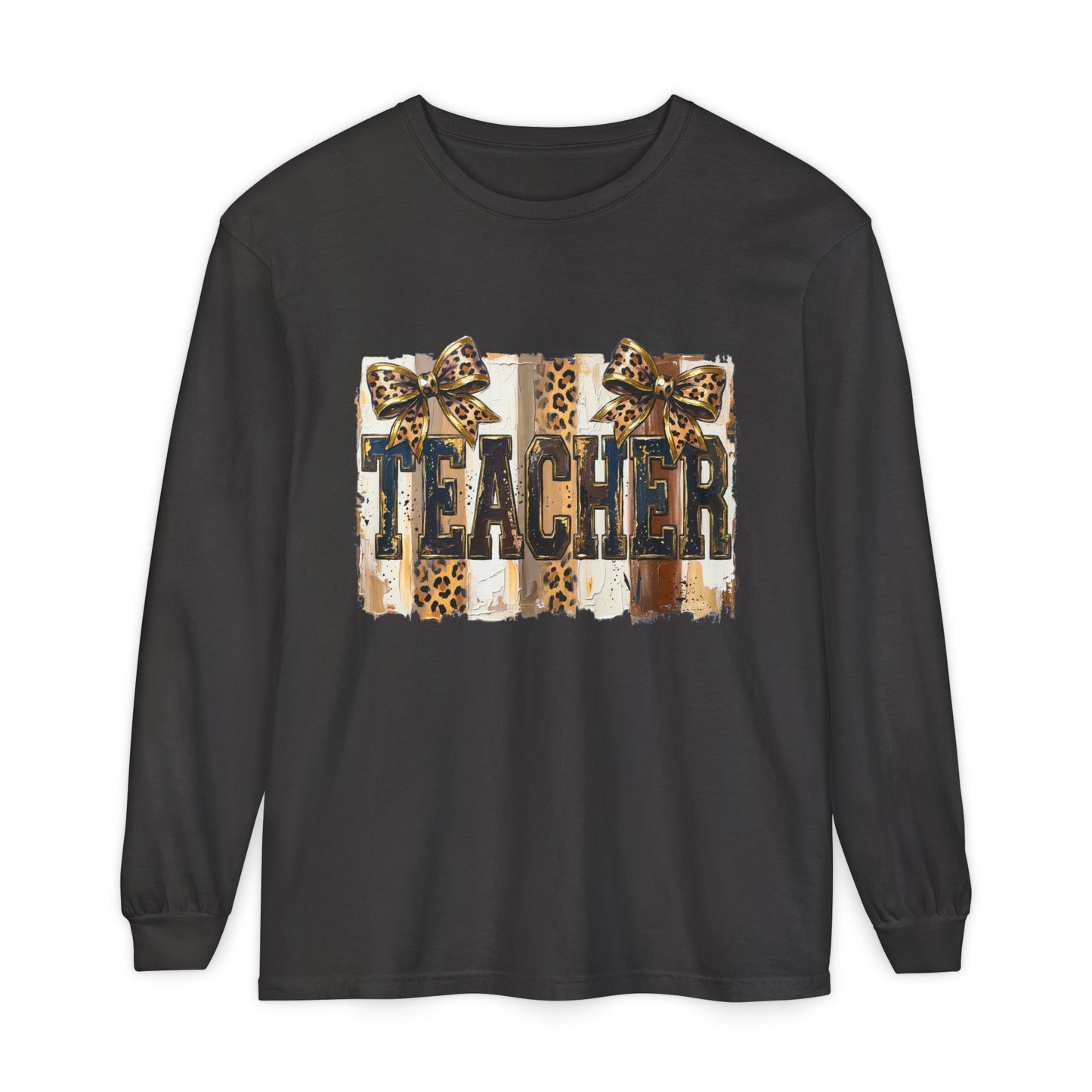 Teacher Leopard Print Long Sleeve Tee — Garment-Dyed Casual Shirt for Educators