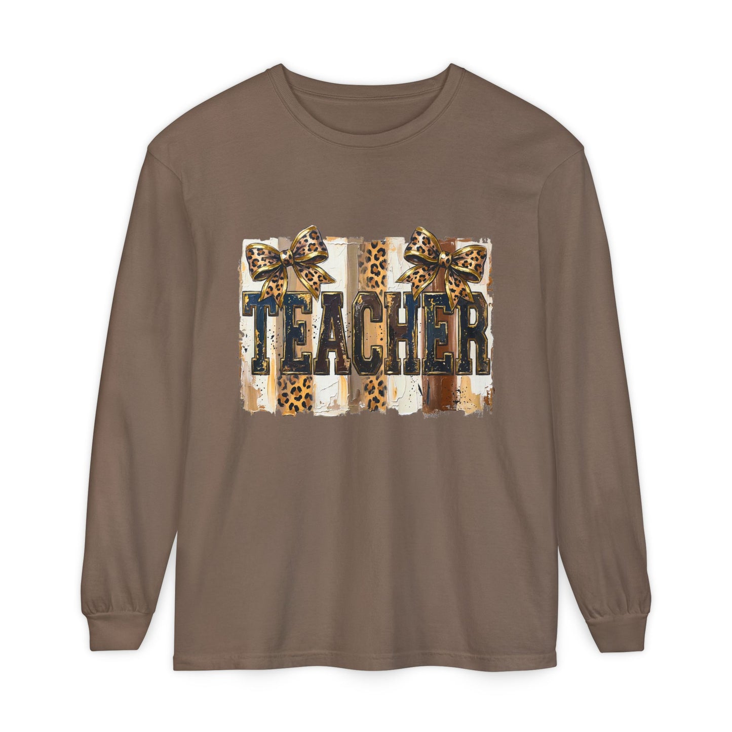 Teacher Leopard Print Long Sleeve Tee — Garment-Dyed Casual Shirt for Educators