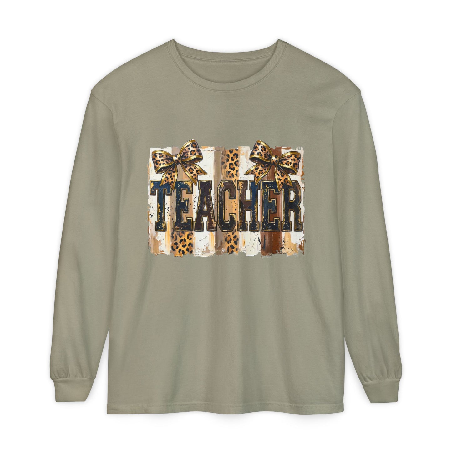 Teacher Leopard Print Long Sleeve Tee — Garment-Dyed Casual Shirt for Educators