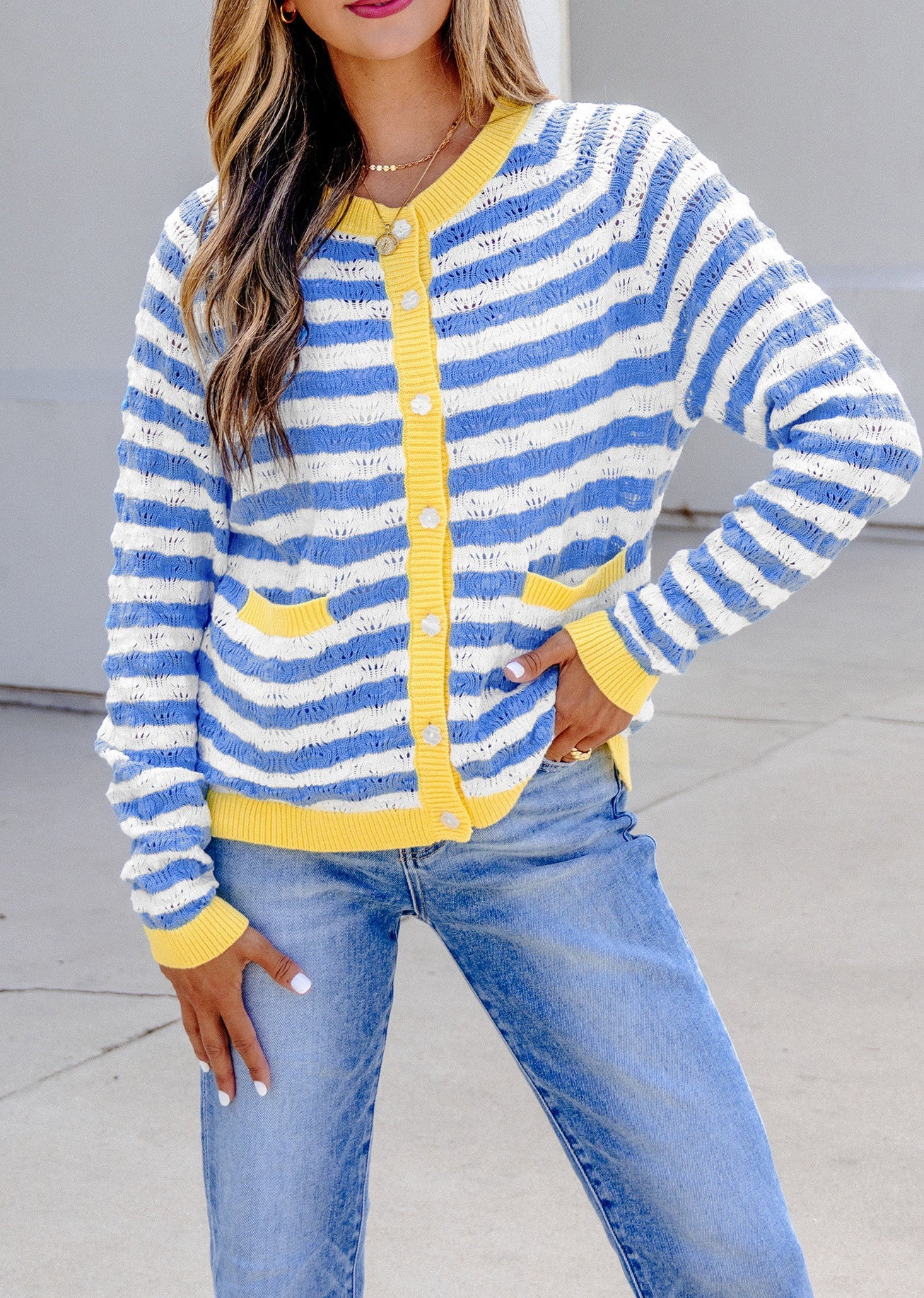 Blue Stripe Yellow Trim Cardigan