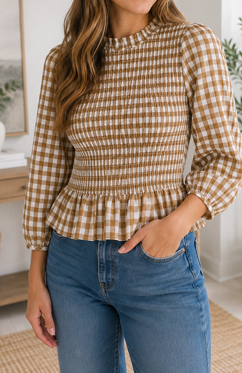 Brown Plaid Peplum Top