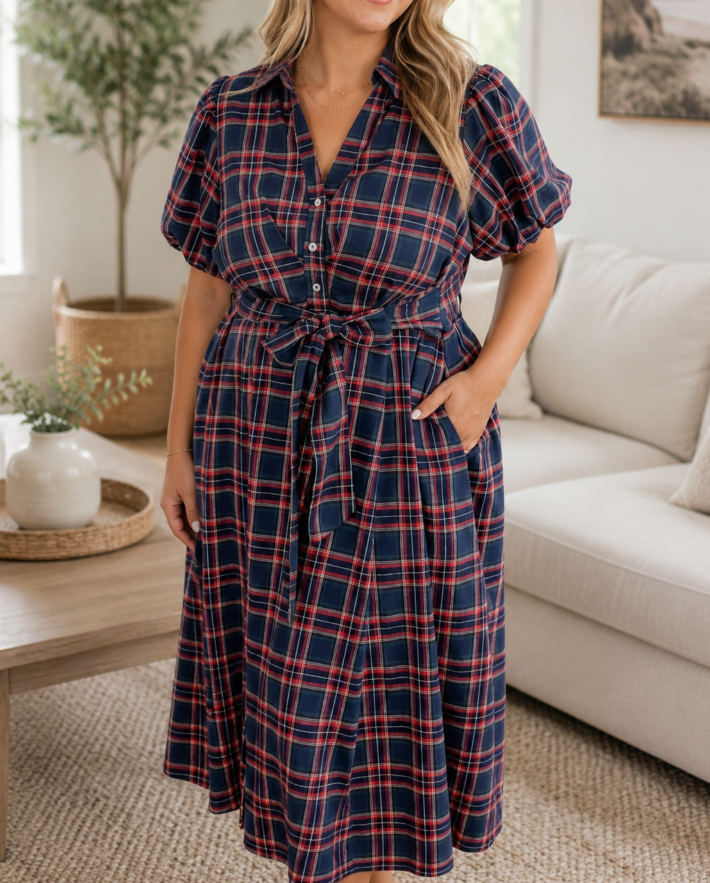 Plaid Belted Plus Dress